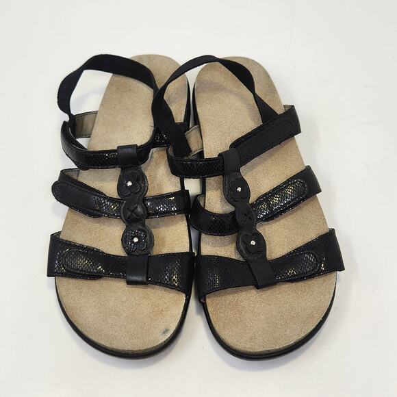 SAS Women Slingback Black Leather Snake Print Sandals Size 6.5 M Comfort Shoes - Picture 2 of 9